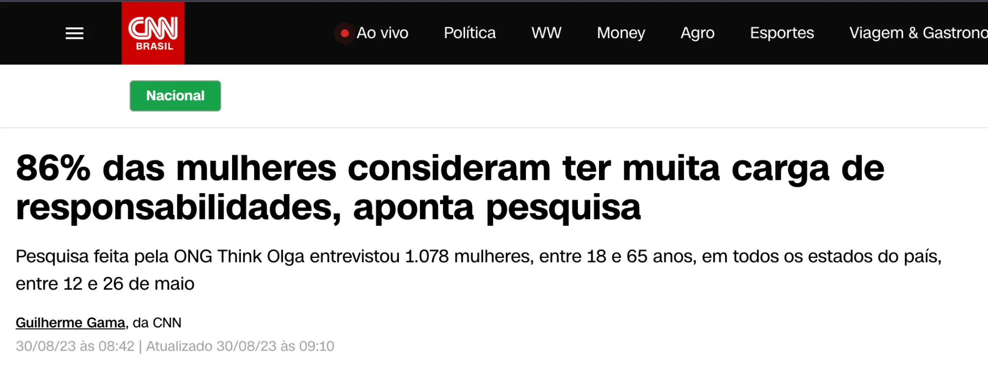 Reportagem da CNN Brasil sobre sobrecarga de responsabilidades nas mulheres